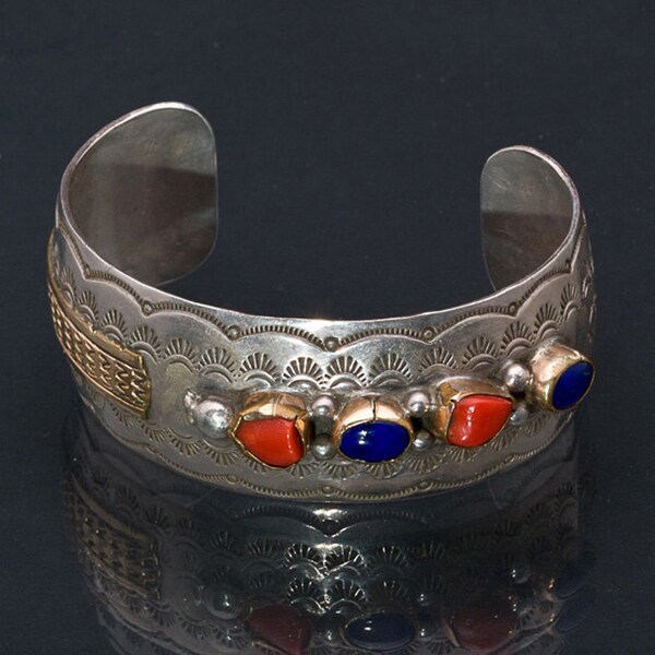 Bracciale Navajo - Sterling & 10K Gold Lapis corallo - timbrato polsino - AJ Platero - 47G - meglio comprare