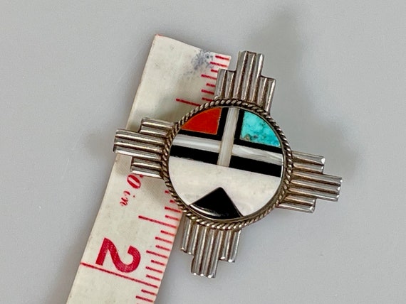Vintage Sterling Zia Brooch - Zuni Face Pin 60s - image 4