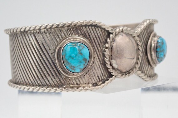 Early Navajo Turquoise Sterling Chisel Bracelet -… - image 4