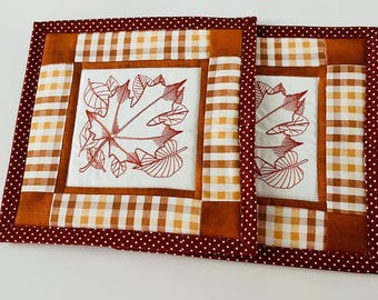 Embroidered Fall Leaf Pot Holders  Set of 2  Burnt Orange  Quilted