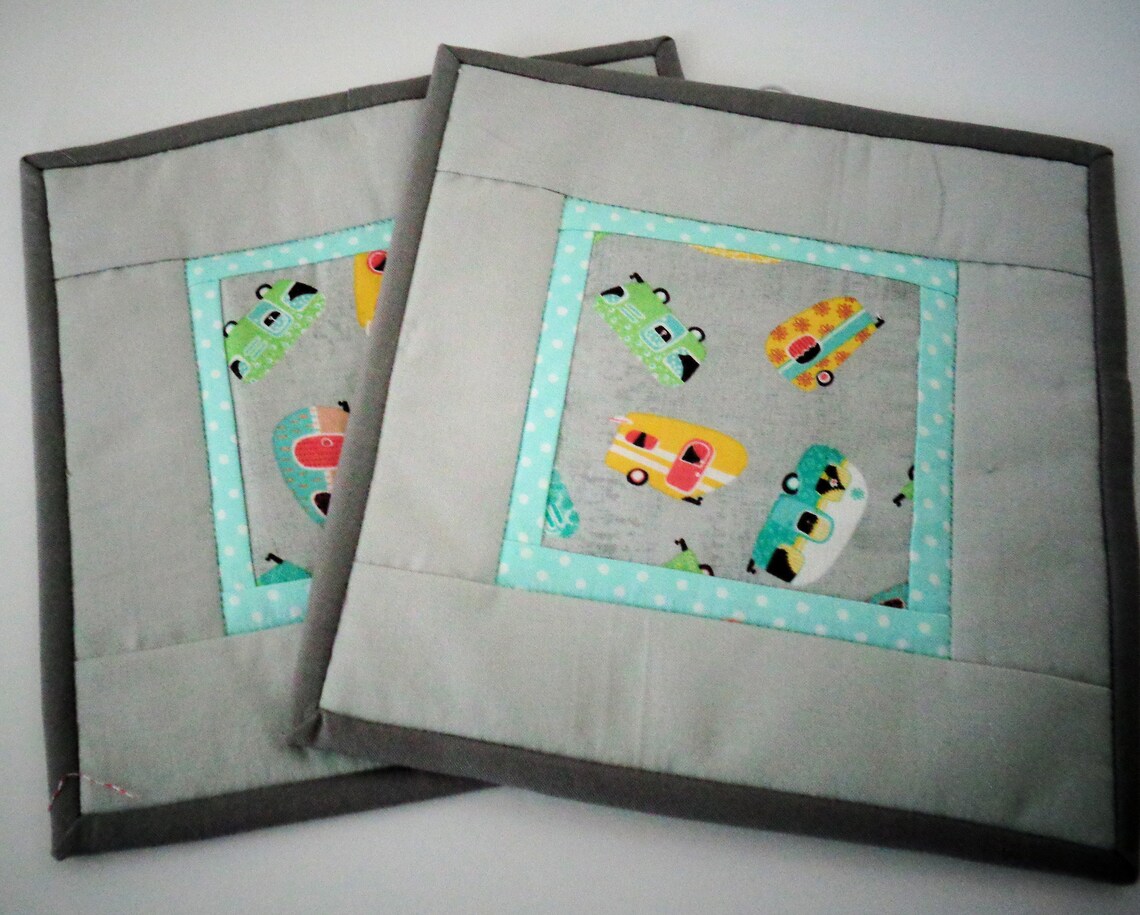 Retro Camper Quilted Pot Holders Hot Pads Set of 2 Gray Yellow Etsy