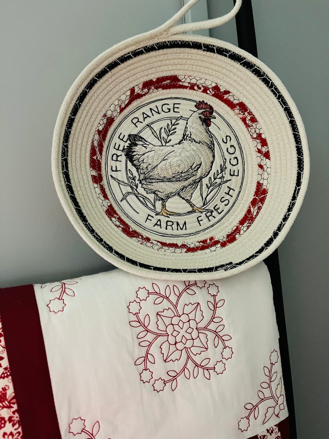 Embroidered Rooster Rope Bowl Enatural Red and Black Etsy