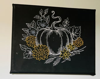 Embroidered Pumpkin Canvas Wall Art: Fall Floral Decor