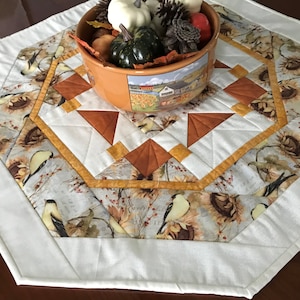 Fall Quilted Octagon Table Topper  Sunflower Table Topper  Fall Bird Decor  Sunflower Decor   Octagon Table Runner  Quiltsy Handmade