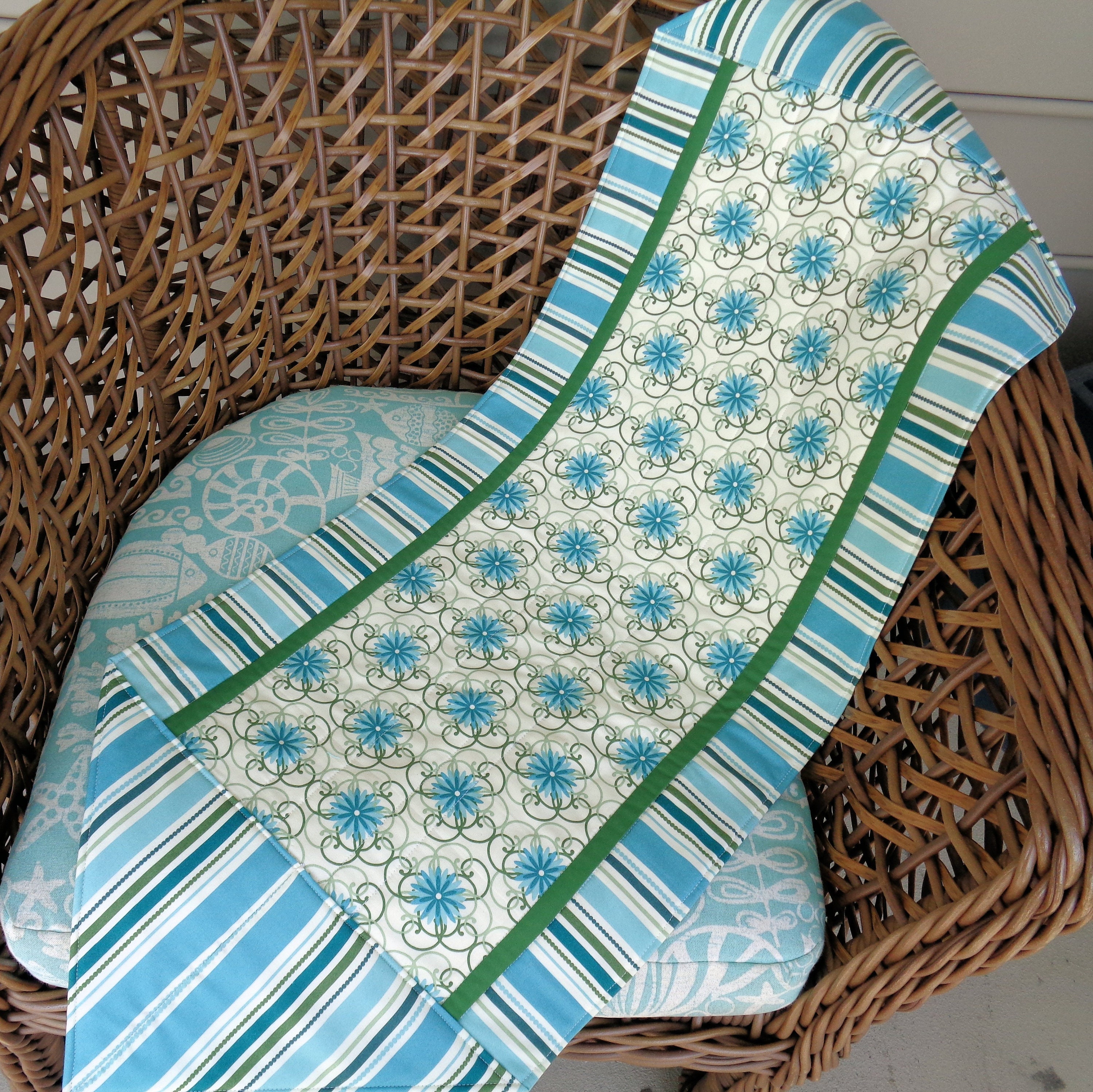 Modern Quilted Floral Table Runner Teal Cream Green Stripe Etsy