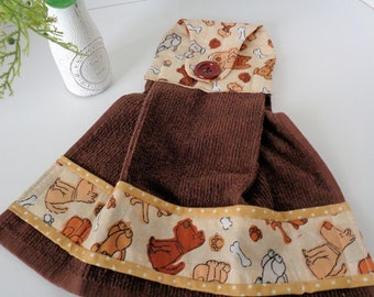 Dog Hanging Towel  Dogs and Bones Kitchen Towel   Beige and Brown   Button on Hanging Towel   Dog Kitchen Decor    Quilted Kitchen Towel