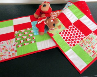 Christmas Quilted Table Runner - Table Topper - Christmas Table Decor - Red and Green - Santa - Reindeer -Quiltsy Handmade