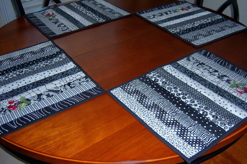 Cherries on Black and White Quilted Placemats Etsy
