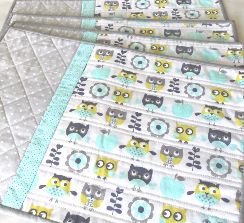 Owl Placemats Set of 4/Teal Gray Handmade Quilted Etsy