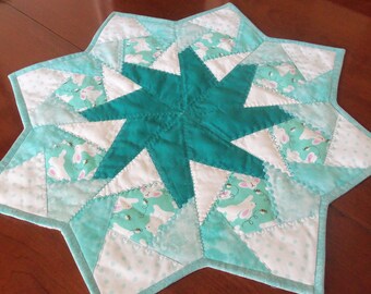 Easter Table Topper,Spring Table Runner, Bunny Table Quilt,Crazy Quilt Table Topper, Teal,Turquoise,White, Easter Tablecloth, Easter Decor,