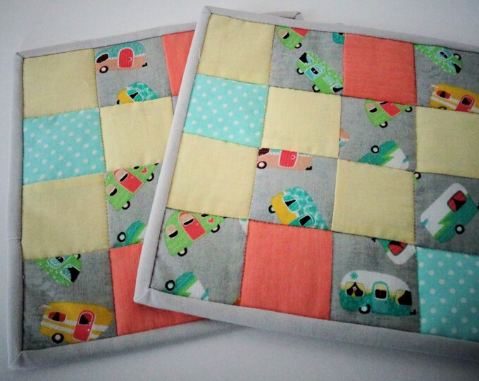 Retro Camper Quilted Pot Holders Patchwork Hot Pads Set of 2 Gray Yellow Coral and Turquoise