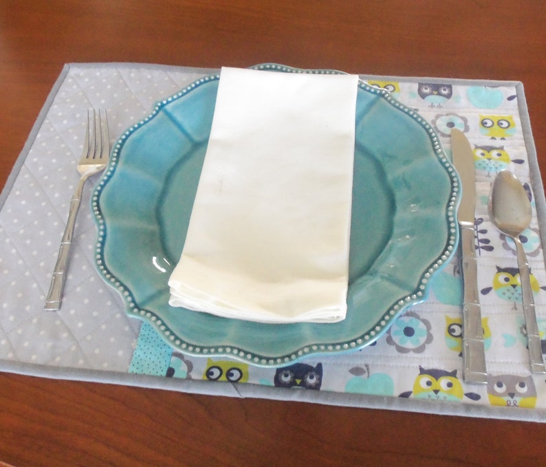 Owl Placemats Set of 4/Teal Gray Handmade Quilted Etsy