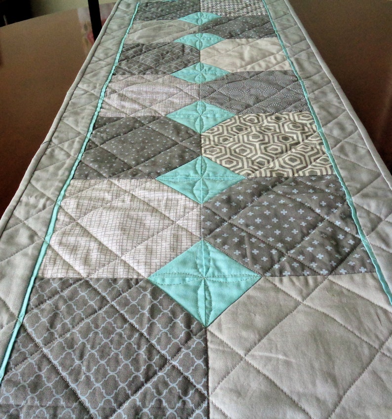 Gray and Blue Quilted Table Runner Quilted Table Topper Etsy
