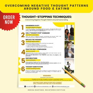 Könnte beinhalten: Eine farbenfrohe Infografik mit dem Titel "Überwindung negativer Denkmuster rund um Essen und Ernährung" und dem Untertitel "Gedankenstopp-Techniken". Die Infografik listet sechs Techniken auf, um negative Gedanken über Essen und Ernährung zu überwinden, darunter Bewusstsein, Gedankenstopp, Gedanken ersetzen, Selbstmitgefühl, tiefes Atmen und Gedankenersatz. Die Infografik enthält auch eine Erinnerung, dass "Du bist nicht deine Gedanken" und ermutigt die Leser, "Übe weiter und hab Geduld mit dir selbst! Kleine Veränderungen im Laufe der Zeit führen zu großen Fortschritten."