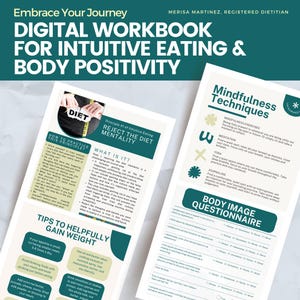 Pode incluir: Um livro de trabalho digital com um design azul esverdeado e branco, intitulado "Embrace Your Journey: Digital Workbook for Intuitive Eating & Body Positivity." O livro de trabalho apresenta uma seção sobre "Rejeitar a mentalidade da dieta" e "Técnicas de mindfulness." Também inclui um "Questionário de imagem corporal" com uma lista de verificação.