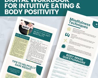 May include: A digital workbook with a teal and white design, titled "Embrace Your Journey: Digital Workbook for Intuitive Eating & Body Positivity." The workbook features a section on "Reject the Diet Mentality" and "Mindfulness Techniques." It also includes a "Body Image Questionnaire" with a checklist.