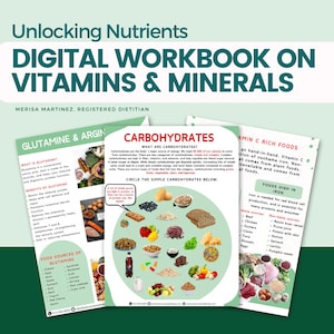 Può includere: Un quaderno digitale su vitamine e minerali con illustrazioni e testo colorati. Il quaderno include sezioni su glutammina e arginina, carboidrati e alimenti ricchi di vitamina C. Il quaderno è progettato per scopi educativi.