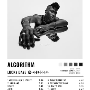 May include: Monochrome album cover for "Algorithm" by Lucky Daye. The image shows a person with jewellery, resting on a reflective surface. The album title and tracklist are displayed below.