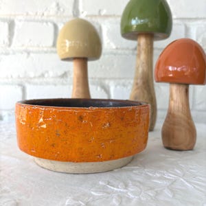 May include: A low, round ceramic bowl with a vibrant orange, textured glaze and a light-colored base. Behind the bowl stand three decorative mushroom-shaped ornaments with smooth, glossy caps in olive green, tan, and burnt orange on wooden stems.