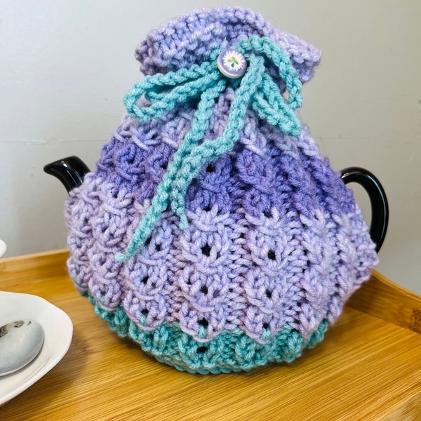 Ready to Ship. 6 Cup. Hand Knitted British Tea Cozy, Vintage  Mock Cable design  with Draw strings  in a Purple and Blue Mix.