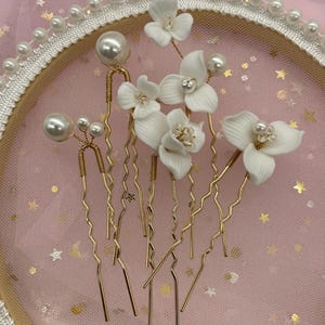6Pcs Ivory white ceramic flower Wedding hair pins pearl comb Bride Jewellery Flower bridal hair pins with small pearl