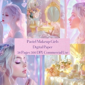 Papel digital de maquillaje pastel para chicas: 38 PNG de chica glamurosa, princesa, glamazon para collages, agendas, efímeras, diarios basura y álbumes de recortes.
