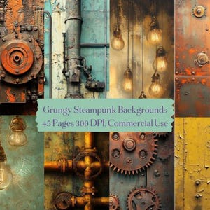 Steampunk Digital Paper, Printable Steampunk Gears, Clocks