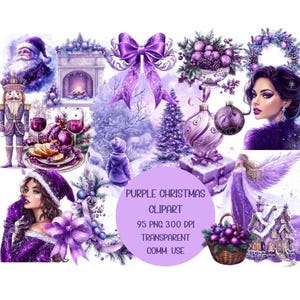 Pacchetto di clipart natalizie viola 95 PNG, decorazioni natalizie, diario spazzatura, album di ritagli, pianificatori, biglietti, download digitale, PNG elegante e glamour