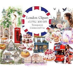 Londres Inglaterra Reino Unido Clipart 45 PNG - Elementos de viagem britânicos para álbuns de recortes, colagem, cartões, diários de lixo, convites, Union Jack, digital