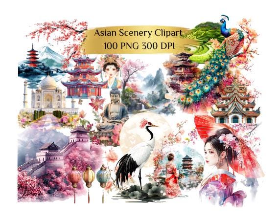 Asiatische Landschaft Clipart 100 PNG, Chinesisch, Japanisch, Bali für Collage, Art Journaling, Scrapbooking, Mixed Media, Papierhandwerk, Junk Journals