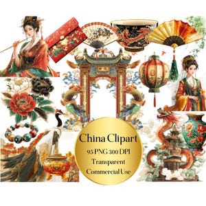Paquete de 95 imágenes prediseñadas de acuarela de China: imágenes prediseñadas de acuarela asiática, álbum de recortes, diario basura, planificadores, tarjetas, descarga digital, PNG asiático, PNG de viajes