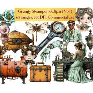 Grungy Steampunk Clip Art: Vintage Industrial PNG Set (65 Images)