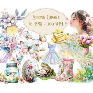 Clipart de primavera: floral, pastel, naturaleza, Pascua, estacional, estético, primavera, flores, jardín, animales para diarios basura, collages y scrapbooking