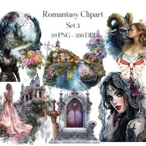 Imágenes prediseñadas de Romantasy: medieval, gótico, bosque encantado, cuento de hadas oscuro, romántico, místico, mágico para collage, scrapbooking y planificadores.