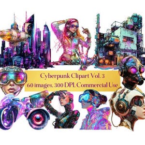 Cyberpunk Clipart Vol. 3 - Futuristic, Neon, Cybernetic, Punk Rock, Computer Gamer for Scrapbooking, Collage, Paper Crafts, Planner Decor