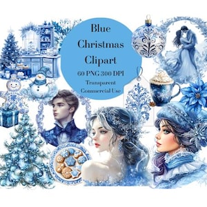 Pacote de clipart de Natal azul 60 PNG, PNG de feriado para planejadores, cartões, álbuns de recortes, diários de lixo, decoração de feriado, mulheres glamorosas, Papai Noel PNG