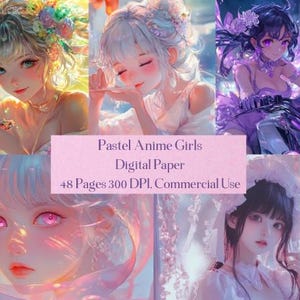 Anime Style Girls Digitales Papier - 48 PNG Japan, Japanisch, Cartoon, Pastell PNG für Planer, Collage, Junk Journals, Scrapbooks, Papierhandwerk