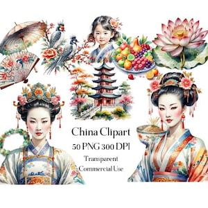 Chińskie akwarele Clipart 50 PNG Bundle- Junk Journal, Scrapbook, Planner, Karty, Pobieranie cyfrowe, Azjatycki wystrój, Cesarzowa, Cesarz, Ptak, Koi