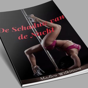 Puede incluir: Portada de libro con una mujer en un atuendo rosa en un poste. El título "De Schaduw van de Nacht" está en texto rojo. El nombre del autor, Madlen Wilkinson, está en la parte inferior.