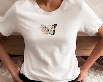 T-shirt with flower and butterfly design – made from 100% organic cotton, in 4 colors, sizes XS to XXL, women's cut, regular fit