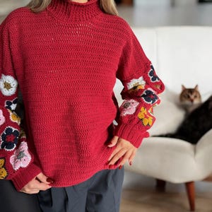 Handmade Cozy Crochet Sweater, Mom’s Day Gift, Hand-Knitted Red Sweater, Handmade Floral Knit Sweater, Unique Women&#39;s Sweater, Gift for her