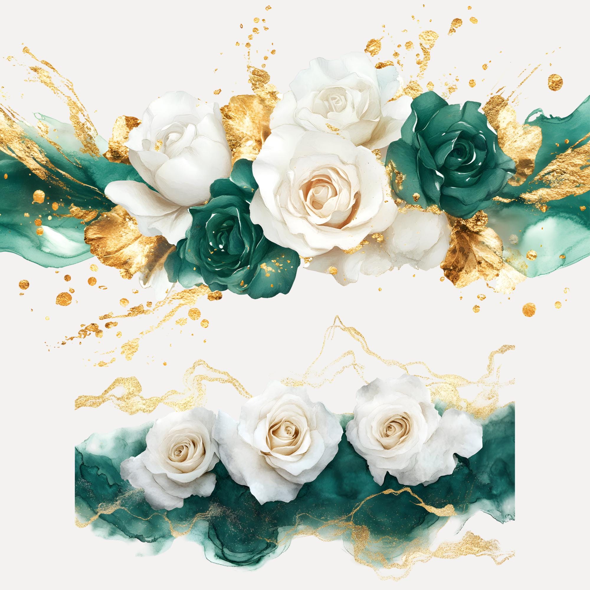 Emerald Green and Gold Floral Clipart, Ivory Gold Roses Png, Borders ...