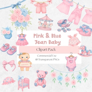 Pink Blue Jean Baby Clipart, Denim Baby Clothes Clip Art, Cute Baby Clothes On Clothesline, Denim Themed Baby Clothing, Denim Baby Shower