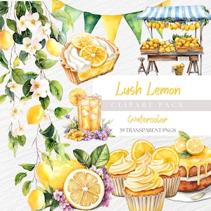 Clipart di limoni ad acquerello, Clipart di cornici di limoni, Bordo di invito floreale con limoni, PNG di gocce di limone, Clipart di alberi di limone, Clipart di fette di torta al limone