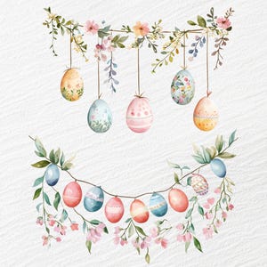 May include: A garland of pastel colored Easter eggs with floral accents hangs from a string of twine. The garland is decorated with pink, blue, and yellow eggs, and green leaves.
