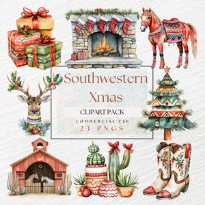 Clipart Noël sud-ouest, Png saloon du Far West, bottes cactus de Noël, clipart sud-ouest, conception de pull, sublimation, aquarelle
