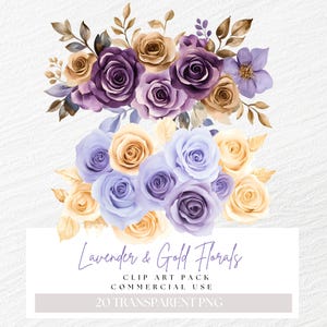 Lavender and Gold Floral Clipart, Purple Frames Borders, Lilac Florals, Watercolor Flowers Bouquet Clip Art, Lavender Wedding Invitation PNG