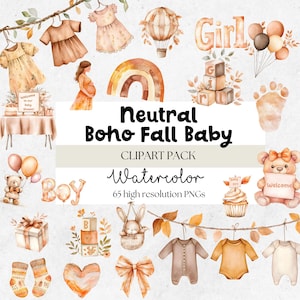 Op de afbeelding: Watercolor clipart pack met een neutraal boho herfst baby thema. De afbeelding bevat illustraties van babykleding, een heteluchtballon, een regenboog, een zwangere vrouw en de woorden "Boy" en "Girl".