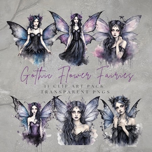 Gothic Flower Fairies Clip Art, Black, Purple, Red Colours, Watercolour Style, Halloween, Commercial Use, Transparent Background, 300 DPI