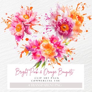 Helle Rosa und Orange Blumen Clipart, helle Farbe Braut, Rosa Hochzeit Bouquet Clip Art, Frühling Sommer Blume, Pfingstrosen Blumen, Aquarell